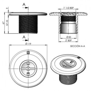 medidas de la boquilla de aspiración con rosca exrterior para piscinas de fibra, linner y hormigón de ASTRALPOOL